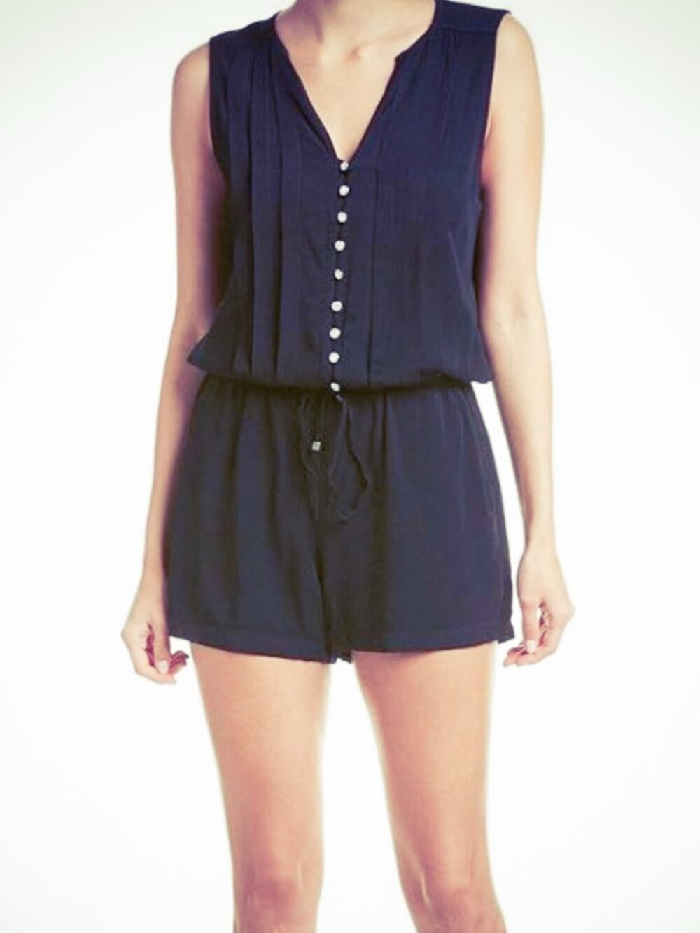 Splendid Rayon Voile Navy Blue Pleated Shorts Romper Playsuit Large
